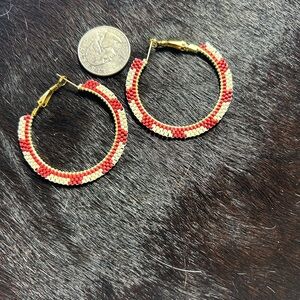 Hand beaded crimson and cream earrings